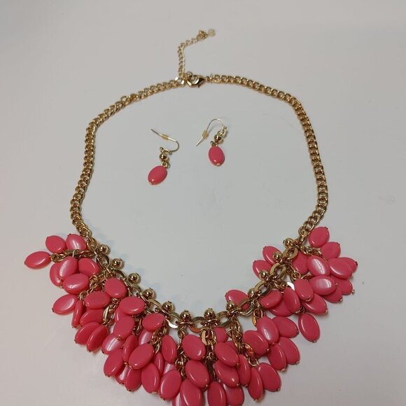 GoldTone Teal PINK Teardrop Bib Statement Necklace Earrings SHB sign Jewelry Set - Picture 5 of 7